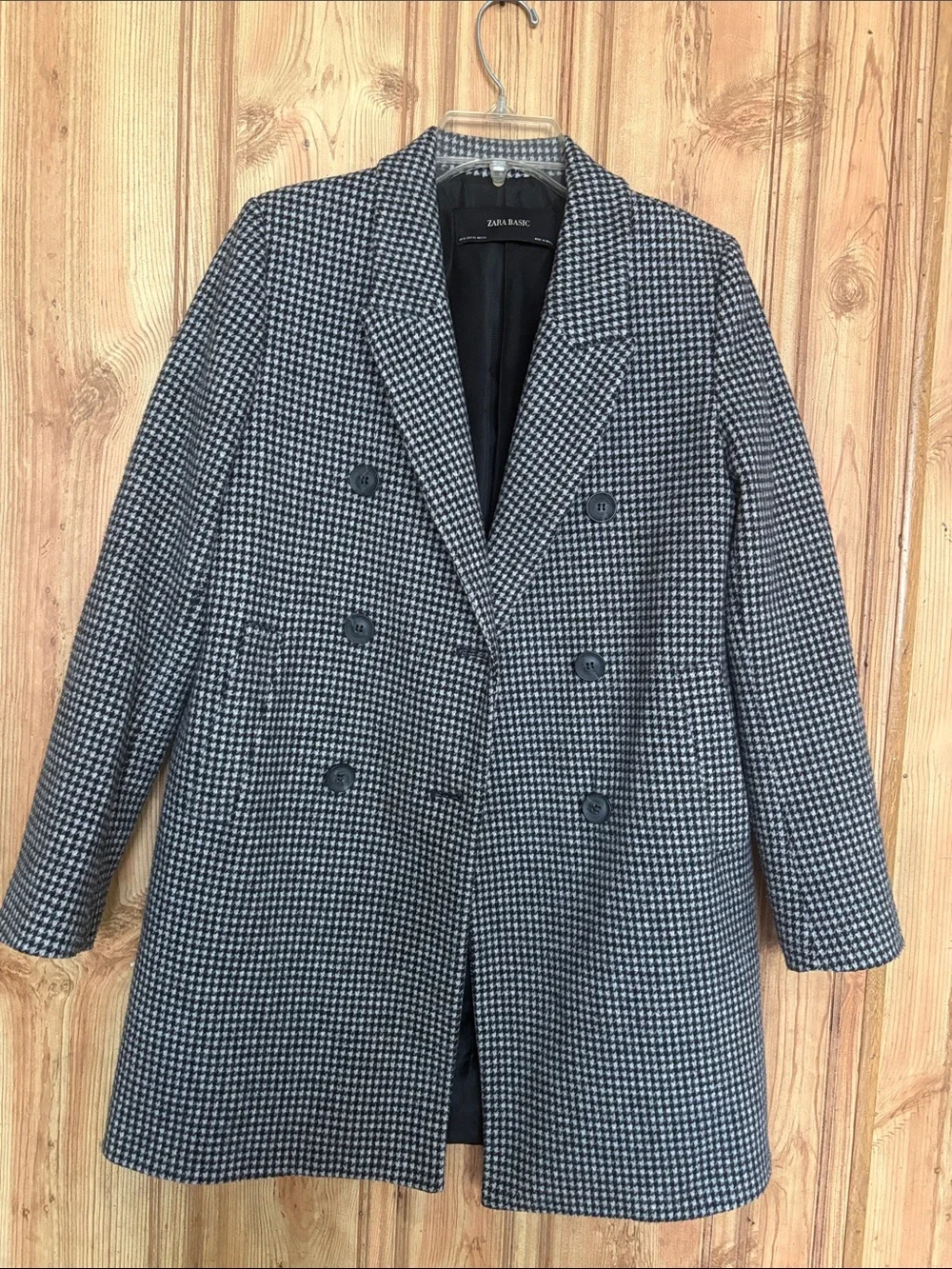 Zara Double-Breasted Houndstooth Pea Coat - Black & White - Picture 2 of 14